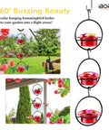 Three Pack Circular Hanging Hummingbird Feeders For Outdoors 3 Oz Mini Hummingbird Feeders With Silicone Ports Bee Proof 360 Degree Perch Ring So Several Birds Can Dine At Once In Your Backyard Garden, installed on a garden view.
