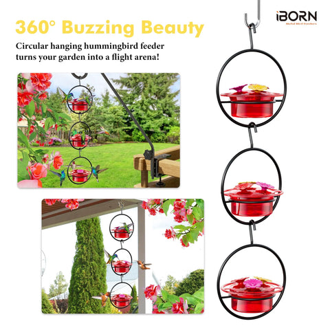 Three Pack Circular Hanging Hummingbird Feeders For Outdoors 3 Oz Mini Hummingbird Feeders With Silicone Ports Bee Proof 360 Degree Perch Ring So Several Birds Can Dine At Once In Your Backyard Garden, installed on a garden view.