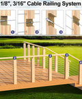 Thirty Degree Angled Beveled Cable Railing Washers With Five Sixteenth Inch Inside Diameter Stainless Steel Pack Of Twenty For One Eighth And Three Sixteenth Inch Invisible Cable Railing Hardware And Stair Railing Posts installed on a wooden balcony.
