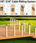Wooden deck with 1/8" and 3/16" cable railing system using 20 Pack Three Eighths Inch ID Angle Washers For Cable Railing Stair Ends.