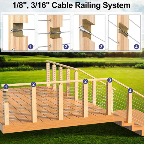 Wooden deck with 1/8" and 3/16" cable railing system using 20 Pack Three Eighths Inch ID Angle Washers For Cable Railing Stair Ends.