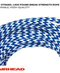 Close-up of blue and white 75 Foot Water Ski Rope With Tractor Grip Handle 1 Section Aluminum Core 12 Inch Grip Blue And White Great For Wakeboarding And Kneeboarding Durable Tow Line For A Smooth Ride