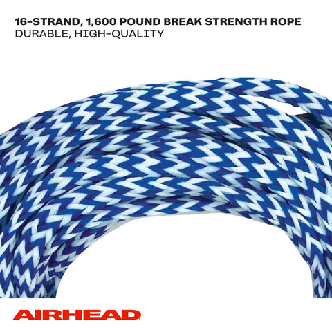 Close-up of blue and white 75 Foot Water Ski Rope With Tractor Grip Handle 1 Section Aluminum Core 12 Inch Grip Blue And White Great For Wakeboarding And Kneeboarding Durable Tow Line For A Smooth Ride
