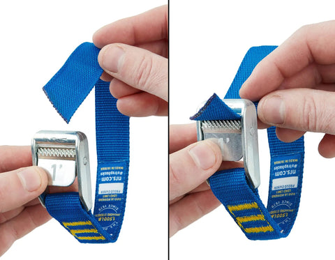 Close-up of Heavy Duty 1 Inch By 20 Foot Tie Down Straps Pair In Iconic Blue with cam buckles and secure grip in use.