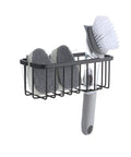 NeverRust Deluxe Kitchen And Bathroom Sink Sponge Holder Organizer With Adhesive Mount And Extra Suction Cup in matte black holding sponges and brush