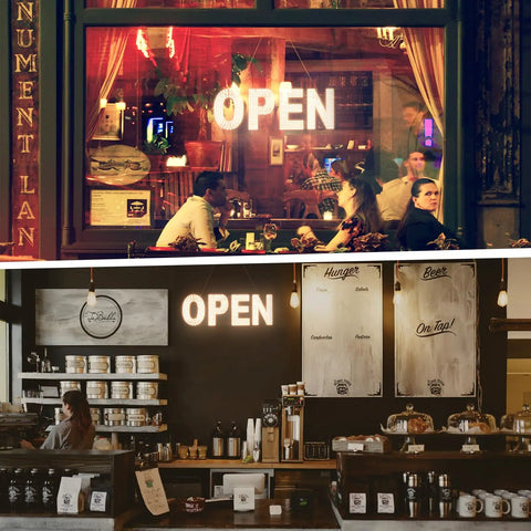 30x10 Inch LED Open Sign For Business With Boss Level Brightness, in warm white displayed in store and cafe settings