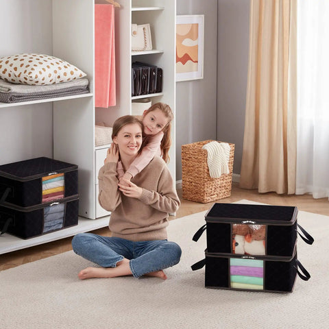 Six Pack Foldable Clothes Storage Bins With Clear Window And Reinforced Handles Durable Fabric Closet Organizer in use indoors