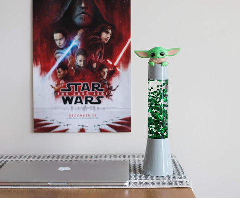 Star Wars Mandalorian The Child 14 Inch 3D Glitter Motion Lamp LED Night Light For Bedroom Decor on desk with Star Wars poster