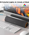 R50 Bluetooth PC Sound Bar For Desktop Monitor with LED lights, USB powered, 16.7in width shown below monitor on desk