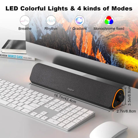 R50 Bluetooth PC Sound Bar For Desktop Monitor with LED lights, USB powered, 16.7in width shown below monitor on desk
