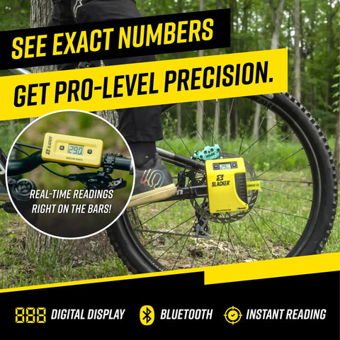 MTB Sag Tool Pro Digital Suspension Tuning Kit with display on mountain bike for precise fork and rear shock setup