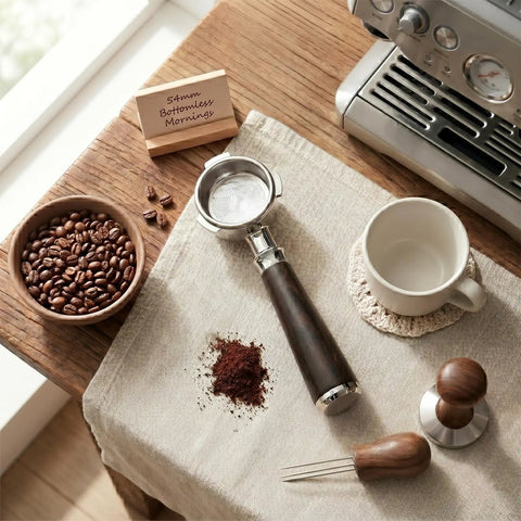54mm Bottomless Espresso Portafilter With Three Ear Design For Breville And Sage Barista Machines on a countertop with accessories