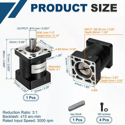Detailed dimensions of Planetary Gearbox Speed Reducer For Nema23 Stepper Motor 3 to 1 Reduction With Low Backlash 15 Arc Min 3000 RPM