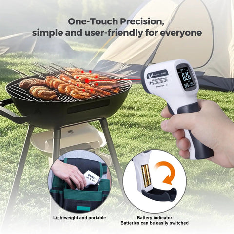 Infrared Temperature Gun For Meat And Auto Use with Adjustable Emissivity measuring grill temperature outdoors.