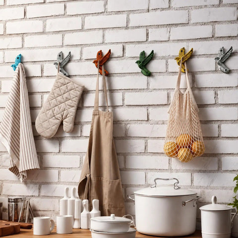 Set Of Six Slick Flying Bird Cast Iron Wall Hooks Featuring Hella Distressed Rustic Finish Decorative Mounted Hanging Hardware Perfect For Home Entryway Upgrades And Cozy Vintage Vibes, displayed with kitchen items.