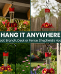 Glass Hummingbird Feeder With Four Flower Ports And Comfortable Perches, Ant Moat And Bee Guards, 8 Oz Nectar Capacity