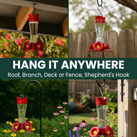 Glass Hummingbird Feeder With Four Flower Ports And Comfortable Perches, Ant Moat And Bee Guards, 8 Oz Nectar Capacity