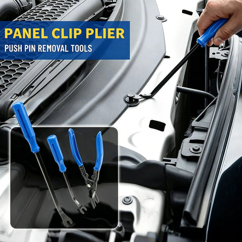 18 Piece Auto Trim And Fastener Removal Tools Set With Telescoping Magnetic Pickup Tool Scraper And 8 Precision Pick Hooks shown removing car panel