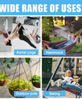 Image showing applications: aerial yoga setup, hammock, outdoor hanging pots, and children on a swing, showcasing versatility.