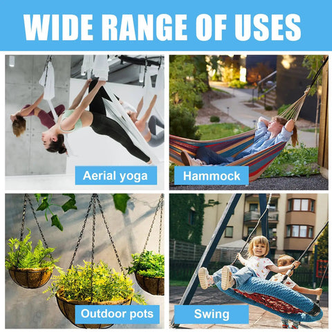 Image showing applications: aerial yoga setup, hammock, outdoor hanging pots, and children on a swing, showcasing versatility.