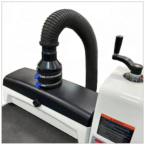 4 Inch To 2-1/2 Inch Dust Collection Reducer With Flexible Rubber Cuff Stainless Steel Hose Clamps And Turn Key Thumb Screws installed on machine