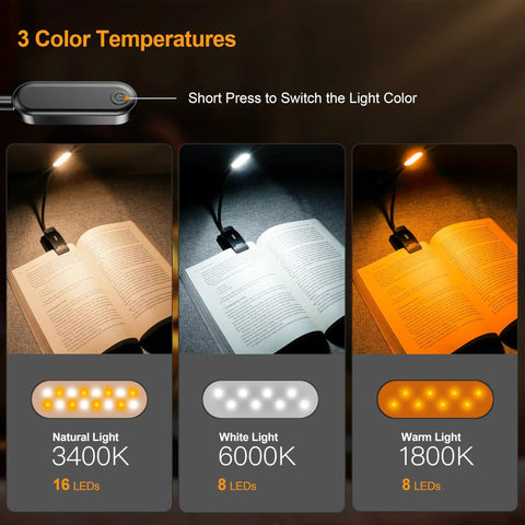 Rechargeable Clip On Reading Light With 16 LED, 3 Color Temperatures And Stepless Dimming For Eye Care demonstration