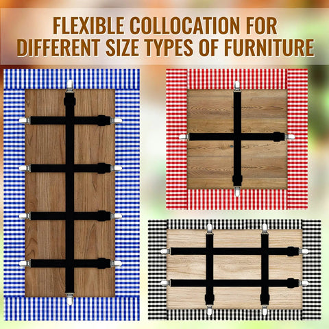 Six Pack Hidden Strap Tablecloth Clips For Outdoor Use No Slip Elastic Table Cover Holder Fits Indoor And Outdoor Thick Tables Perfect For Parties Picnics Camping And Restaurants Black securing blue, red, black tablecloths