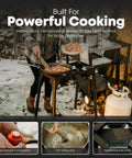 Person cooking on Double Propane Camp Burner With Adjustable Height And Removable Legs Four Tier For Outdoor Cooking.
