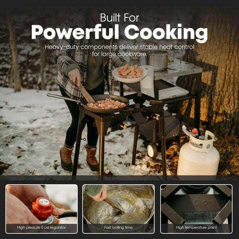 Person cooking on Double Propane Camp Burner With Adjustable Height And Removable Legs Four Tier For Outdoor Cooking.