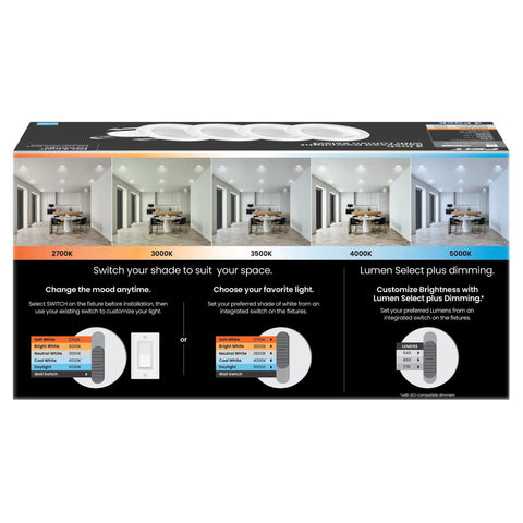 4 Inch Led Recessed Downlight 5Cct Tunable White Dimmable Ceiling Fixture 4 Pack product guide showing color temperature options.