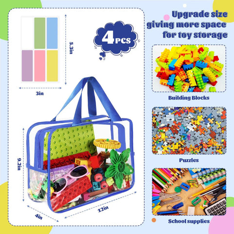 Clear PVC Storage Bags Set With Zipper And Labels, Waterproof Travel Organizer Pouches, includes blocks, puzzles, 4 Pack, Large 12 x 9.2 x 4 inches, Multicolor