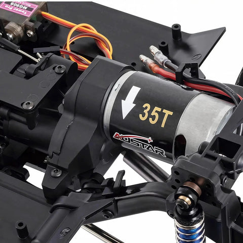 Close-up of the One Tenth Scale RC Crawler Chassis Kit With 313mm Wheelbase, 35T motor visible, nylon frame, DIY assembly.