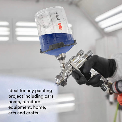 Person using All-In-One PPS 2.0 Spray Cup System Kit with 22 ounce reusable paint cup in automotive paint booth.