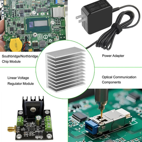 4 Pack Anodized Aluminum Heat Sinks 40 By 40 By 20mm Kit with electronic components like chip modules and power adapter