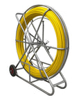 Heavy Duty Fiberglass Fish Tape Built Dang Solid For Hella Smooth Wire Routing And Conduit Pulling With Sturdy Wood Reel And Wheeled Cart 12mm 820Ft Length To Route Cables Anywhere Fast on metal frame with yellow tape.
