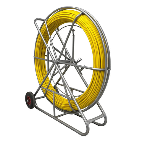 Heavy Duty Fiberglass Fish Tape Built Dang Solid For Hella Smooth Wire Routing And Conduit Pulling With Sturdy Wood Reel And Wheeled Cart 12mm 820Ft Length To Route Cables Anywhere Fast on metal frame with yellow tape.