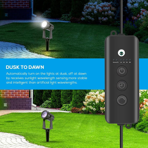 Outdoor Landscape Lighting Kit With Dusk To Dawn Sensor Controller For Auto On Off 4 Pack Weatherproof Pathway Garden Yard Spotlights Easy Install Low Maintenance Energy Efficient Perfect For Driveways And Borders showing spotlights on lawn