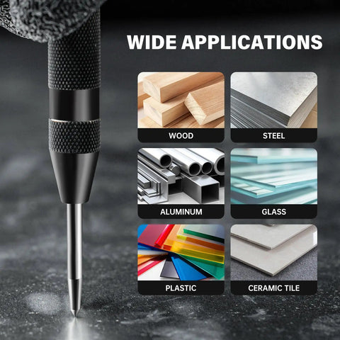 Heavy Duty Automatic Center Punch Featuring Adjustable Spring Tension And Anti Slip Knurled Grip for use on wood, steel, aluminum, glass, plastic, ceramic tile.