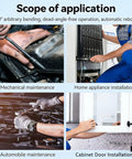 Four images showing applications of tools: mechanical maintenance, home appliance installation, car repair, cabinet door installation.
