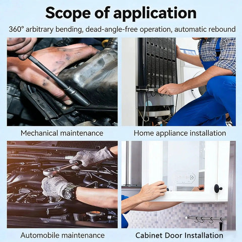 Four images showing applications of tools: mechanical maintenance, home appliance installation, car repair, cabinet door installation.