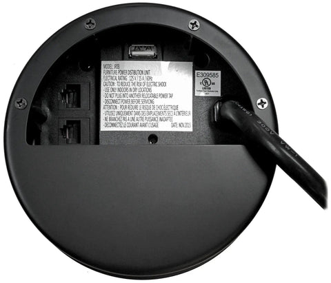 Bottom view of Power Tap Grommet With Hidden Center For Desk Setup Featuring 2 Power Outlets, USB Ports, RJ45, locking shims, cord