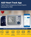 Front view of A&D Medical UA-767FAC home blood pressure monitor with wide 22–42 cm upper-arm cuff and app display