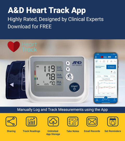 Front view of A&D Medical UA-767FAC home blood pressure monitor with wide 22–42 cm upper-arm cuff and app display