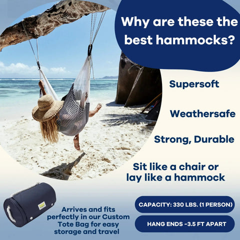 Cozy One Person Hanging Chair Hammock For Full Body Chill, 330 lb capacity, weather safe, ultra soft, stripe navy blue white.