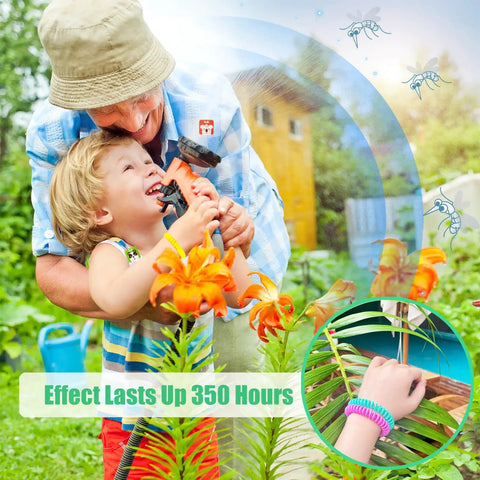 Adult and child in garden wearing 18 Pack Mosquito Repellent Bracelets With 60 Patch Refills, DEET-Free Insect Repellent Wrist Bands