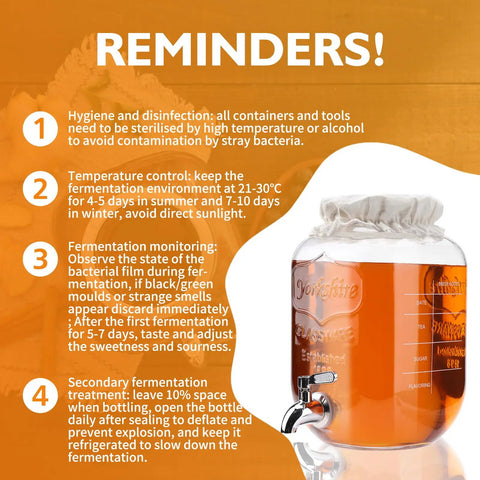 1 Gallon Kombucha Starter Kit With Glass Jar, Spigot And Stainless Mesh Filter next to reminder list for brewing kombucha.