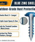 Blue zinc shield pocket hole screw with rust protection features and benefits displayed beside a close-up illustration.