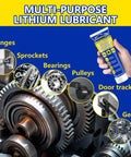 Person holding white lithium grease with brush for hinges, bearings, gears, waterproof and heat resistant, 1oz tube, showcasing uses.