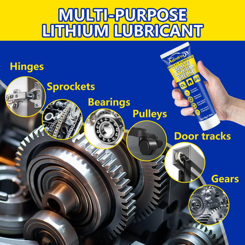 Person holding white lithium grease with brush for hinges, bearings, gears, waterproof and heat resistant, 1oz tube, showcasing uses.