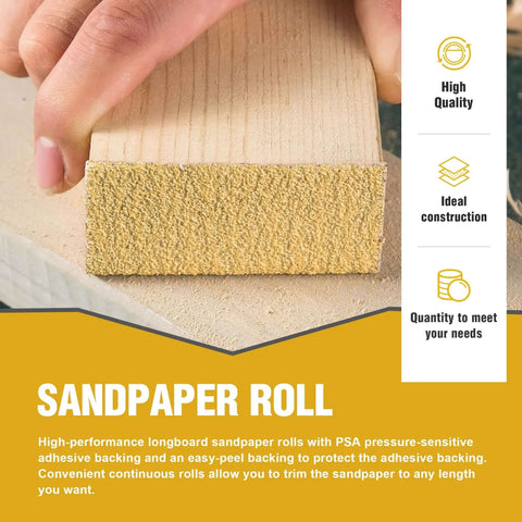 Longboard Sandpaper 220 Grit Two And Three Quarter Inch Wide By Twenty Yard PSA Roll being used on wood, highlighting adhesive backing